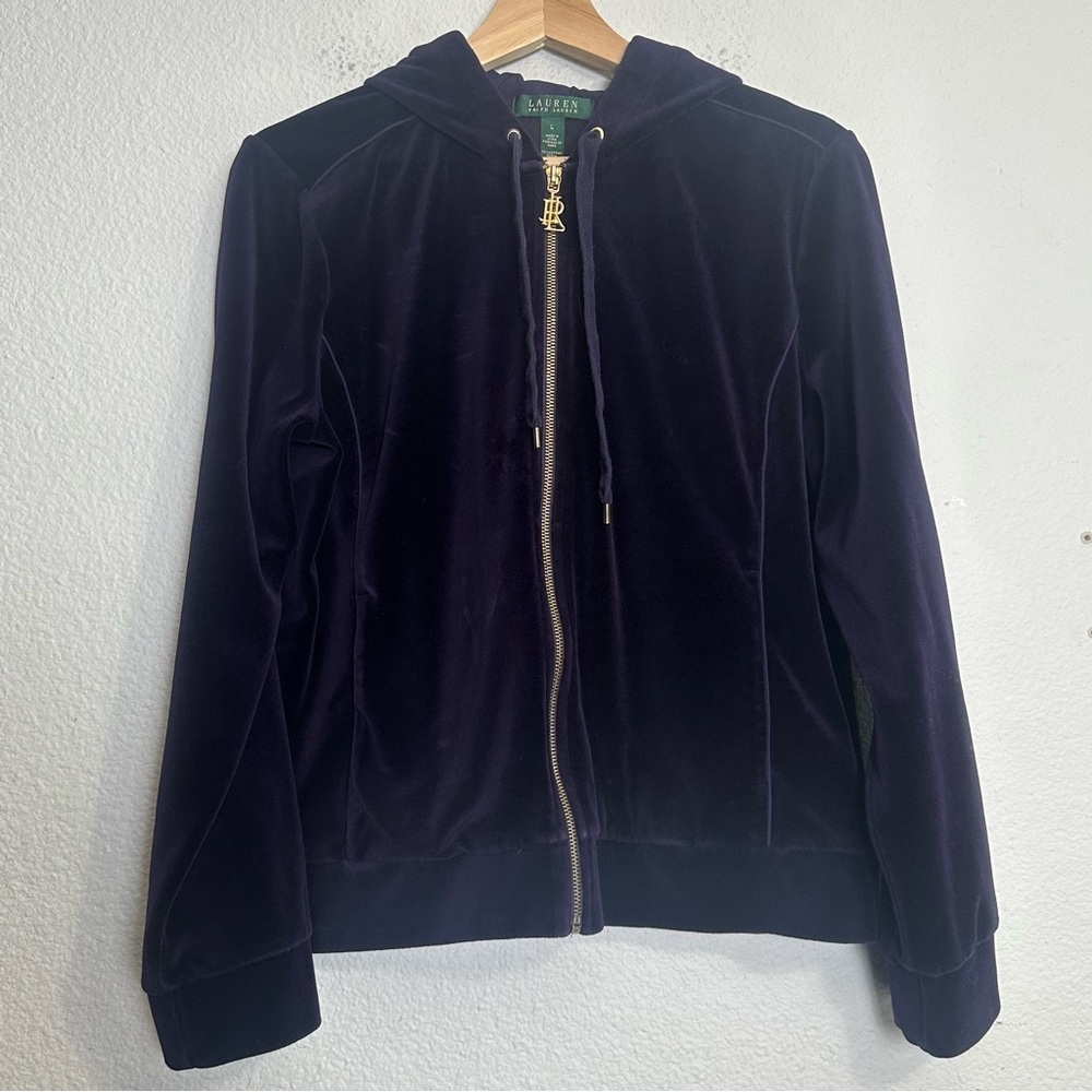 Lauren Ralph Lauren Purple Velvet Full Zip Up‎ Hooded Jacket Womens Size Large